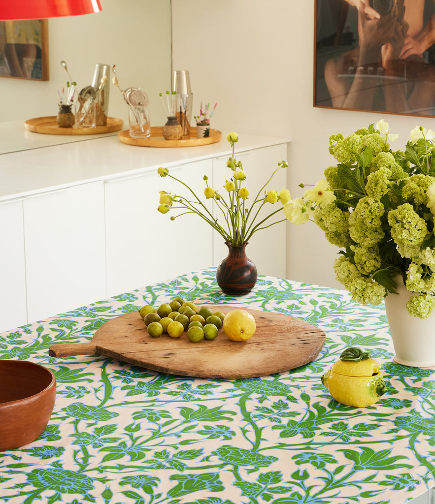 Trumpet Blooms Blue and Green Cotton Linen