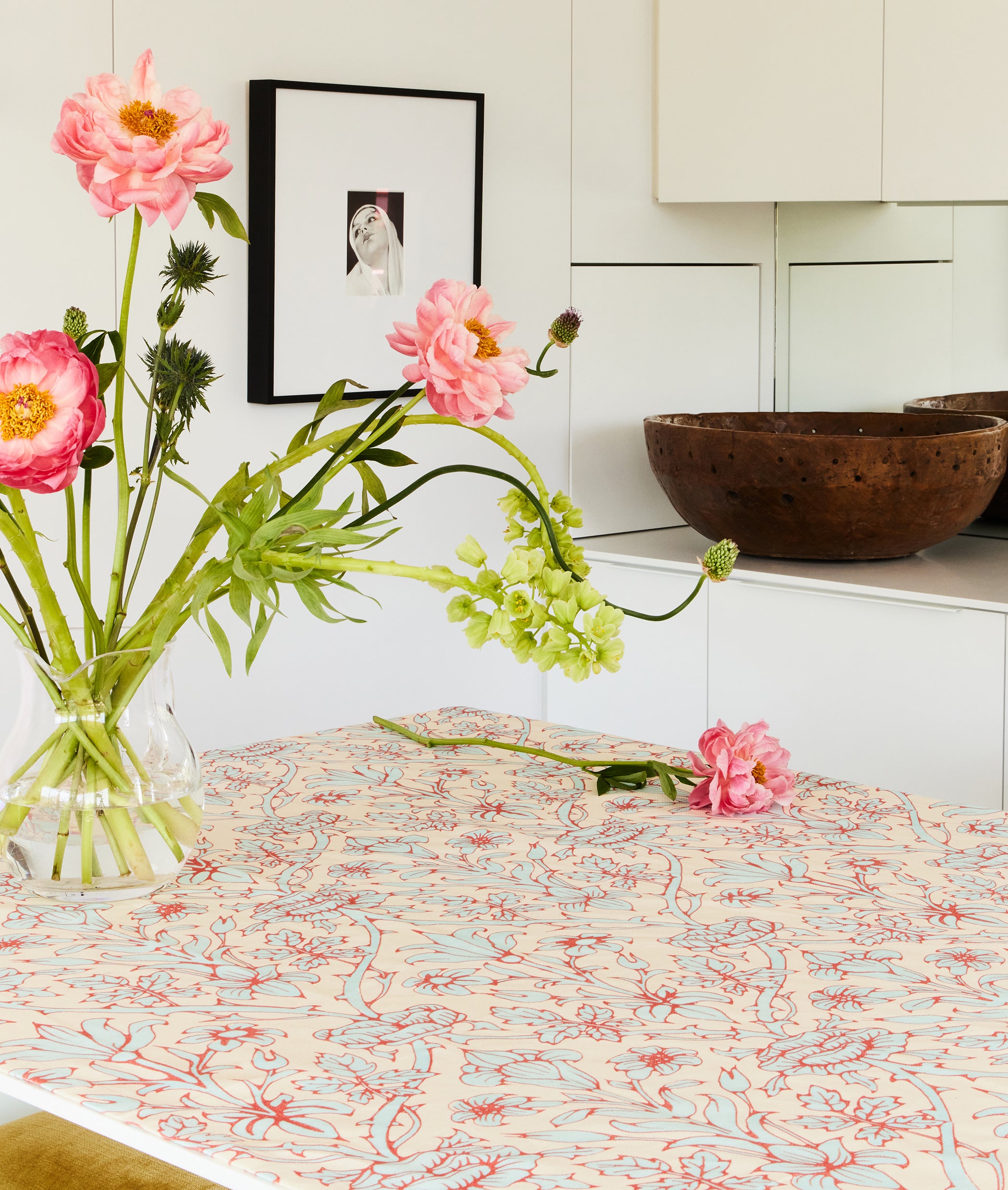 Trumpet Blooms Pink and Blue Cotton Linen