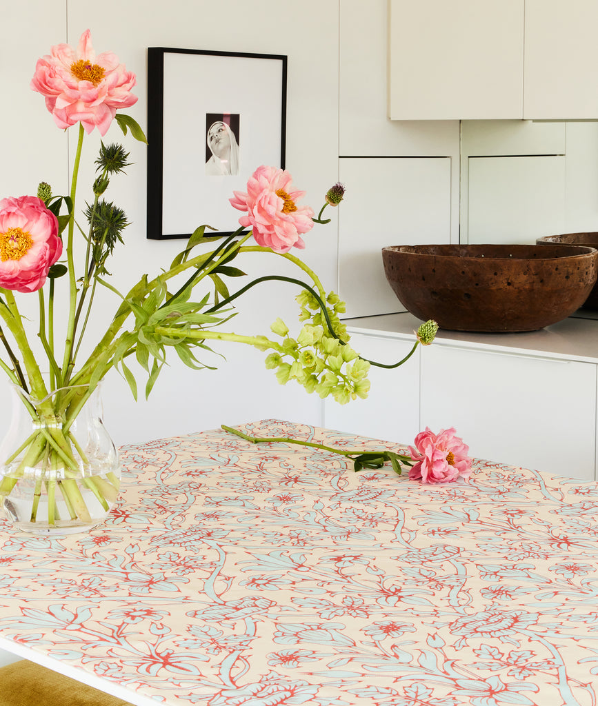 Trumpet Blooms Pink and Blue Cotton Linen