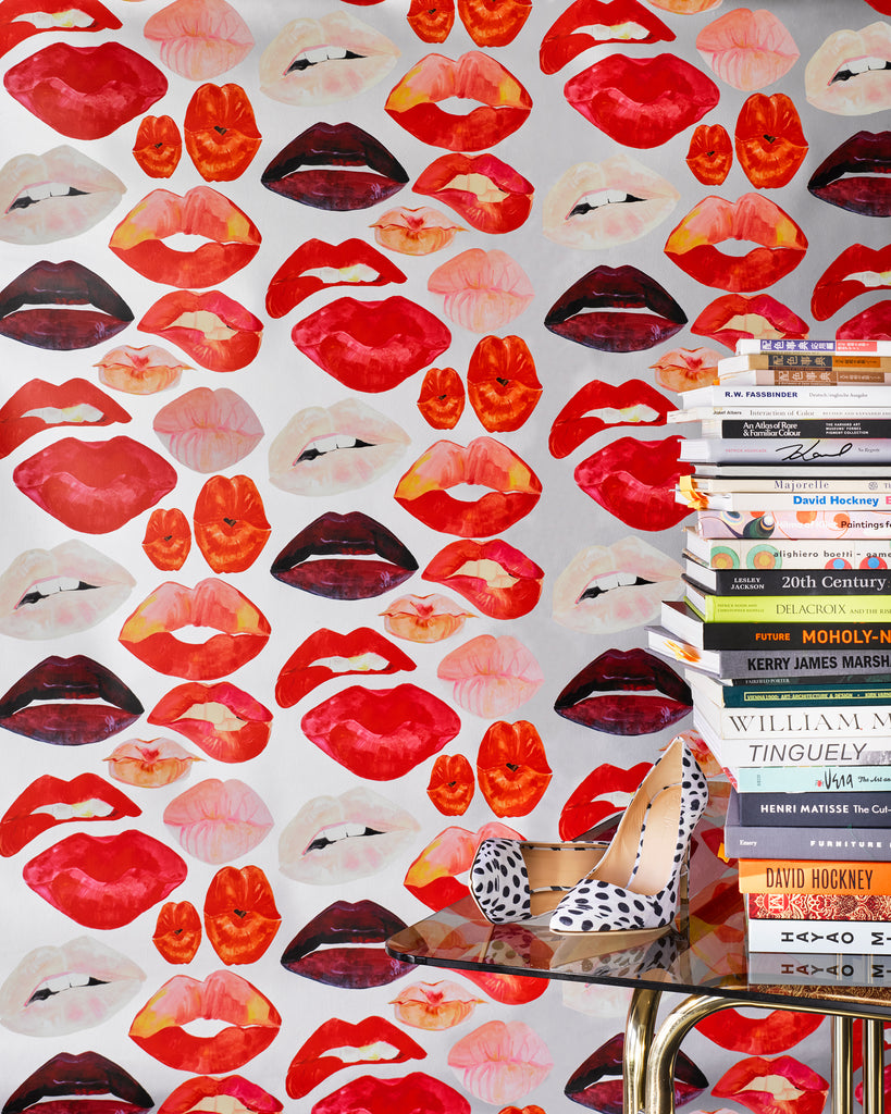 Lips on Metallic Silver Wallpaper
