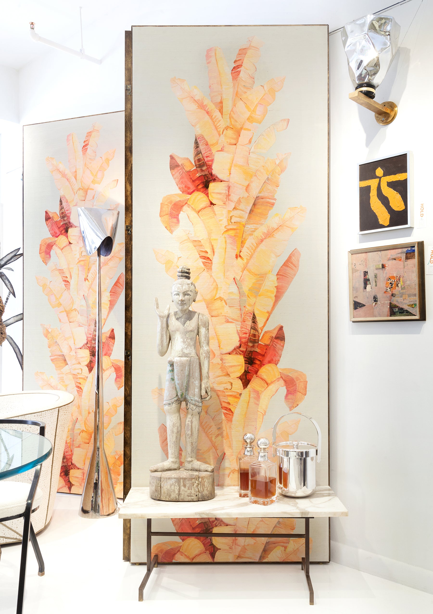 Tahitia on Blue Grey Grasscloth Chinoiserie Wallpaper