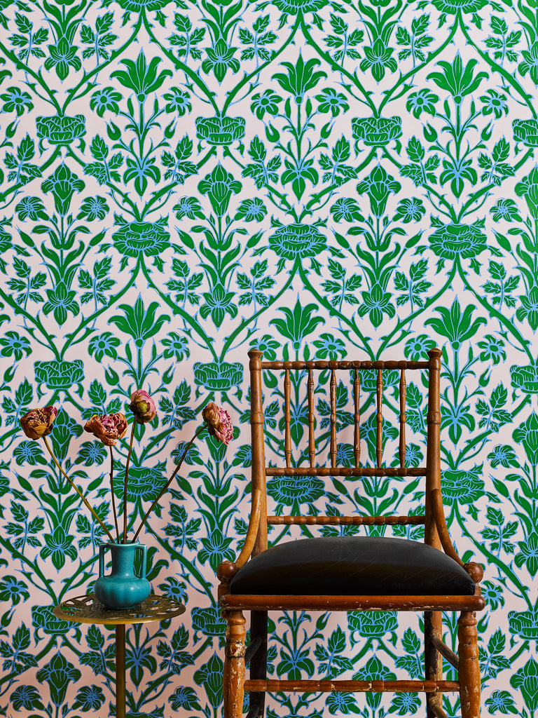 Trumpet Blooms Blue and Green Wallpaper