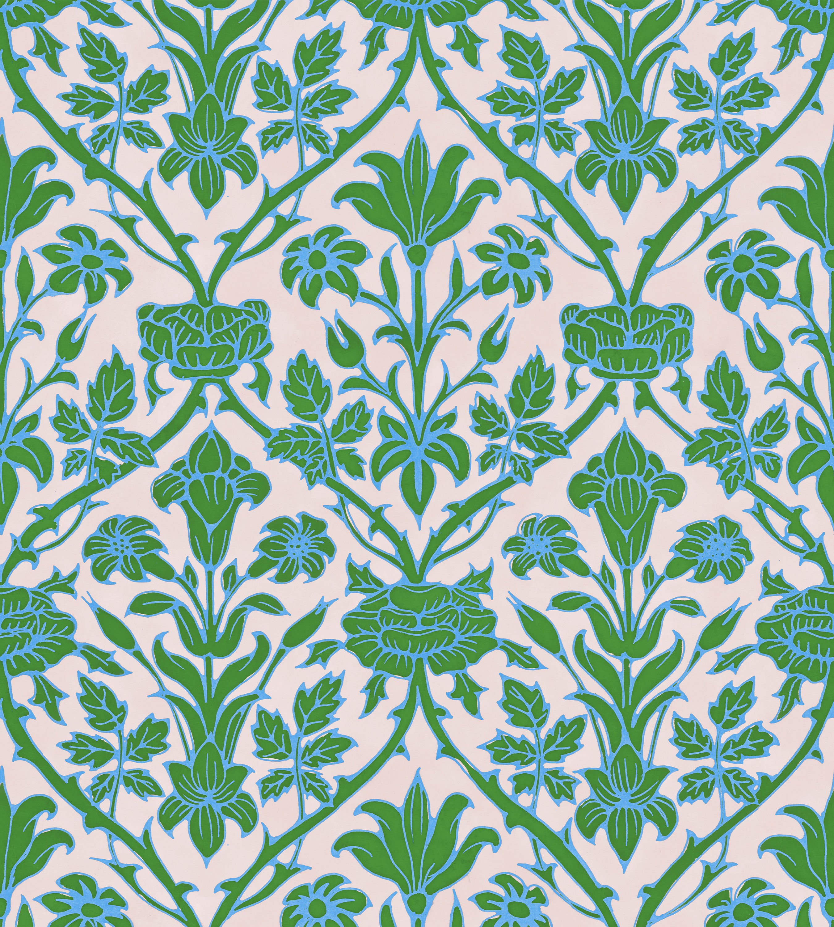 Trumpet Blooms Blue and Green Wallpaper