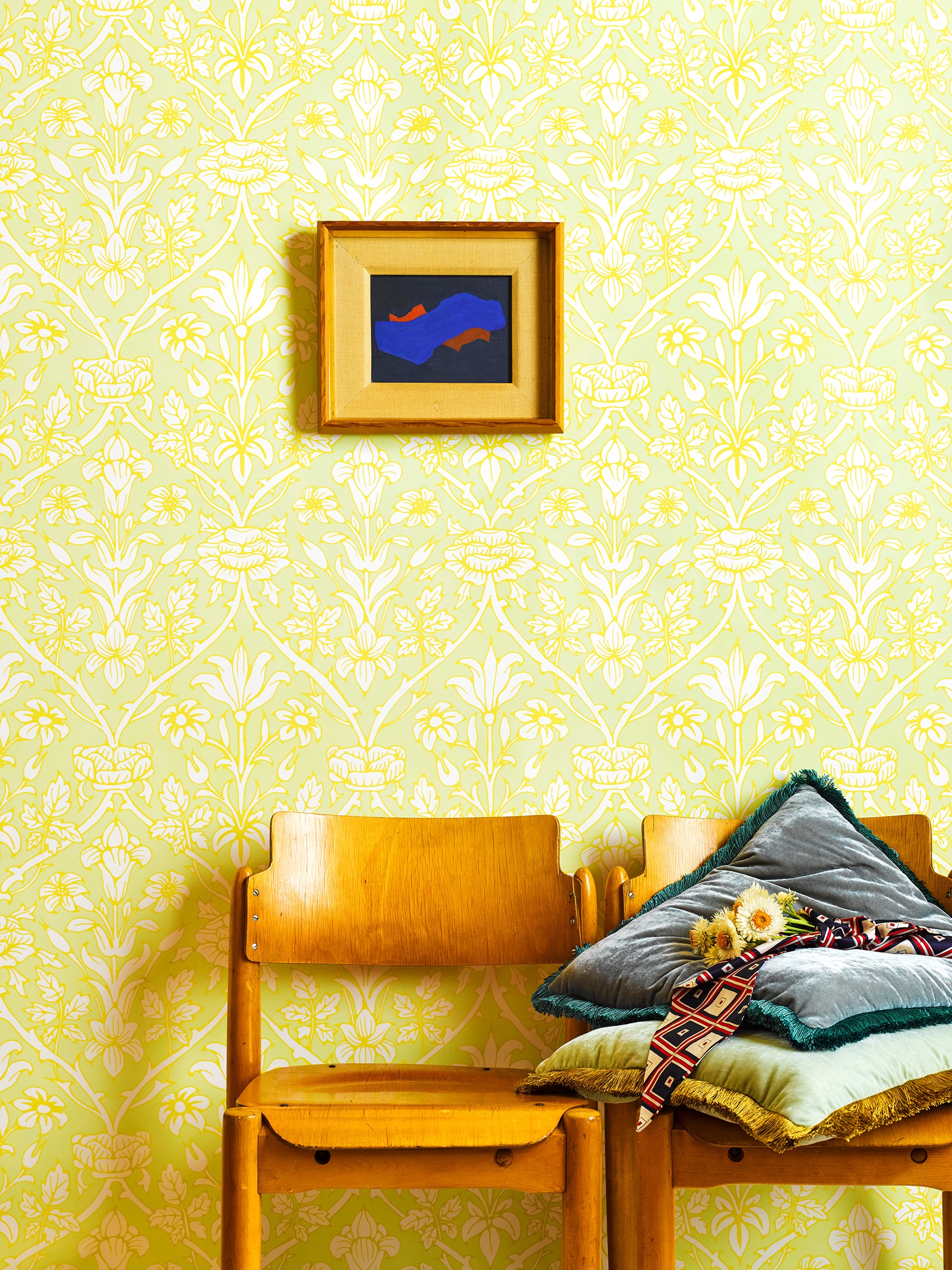 Trumpet Blooms Green and Yellow Wallpaper