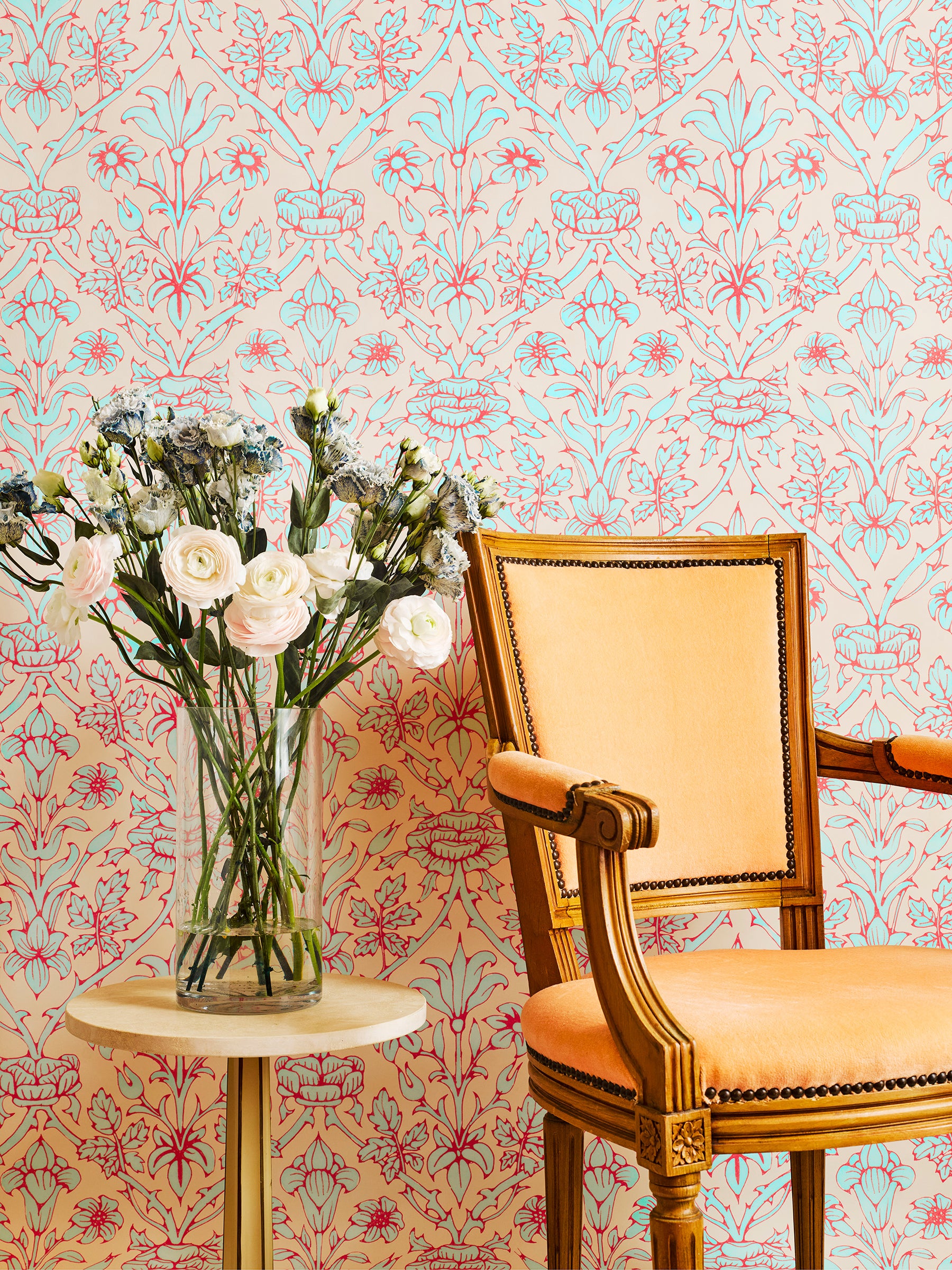 Trumpet Blooms Pink and Blue Wallpaper