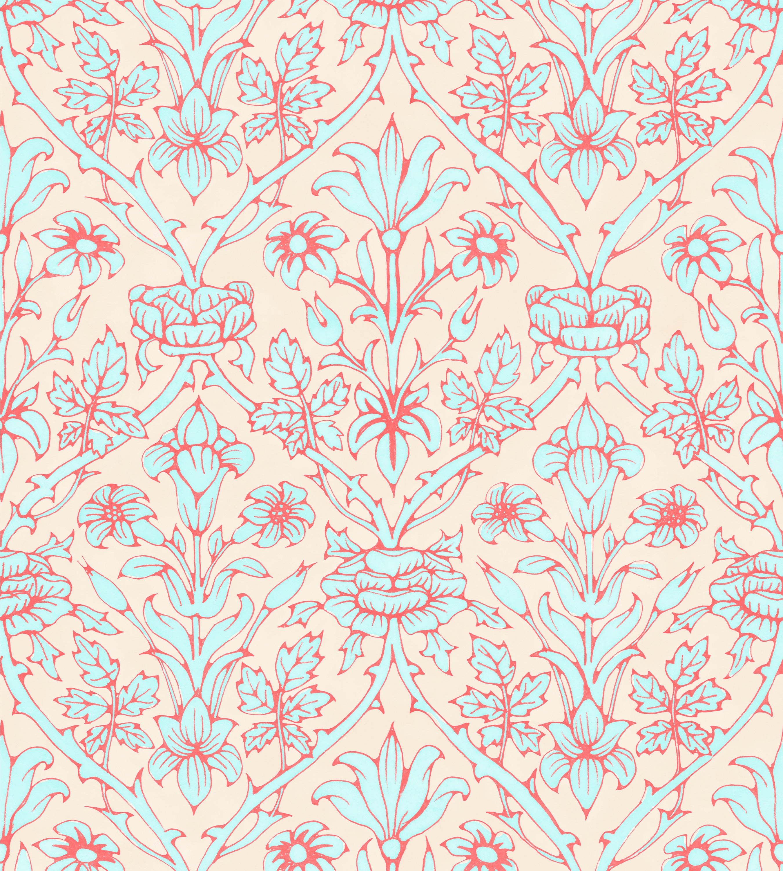Trumpet Blooms Pink and Blue Wallpaper