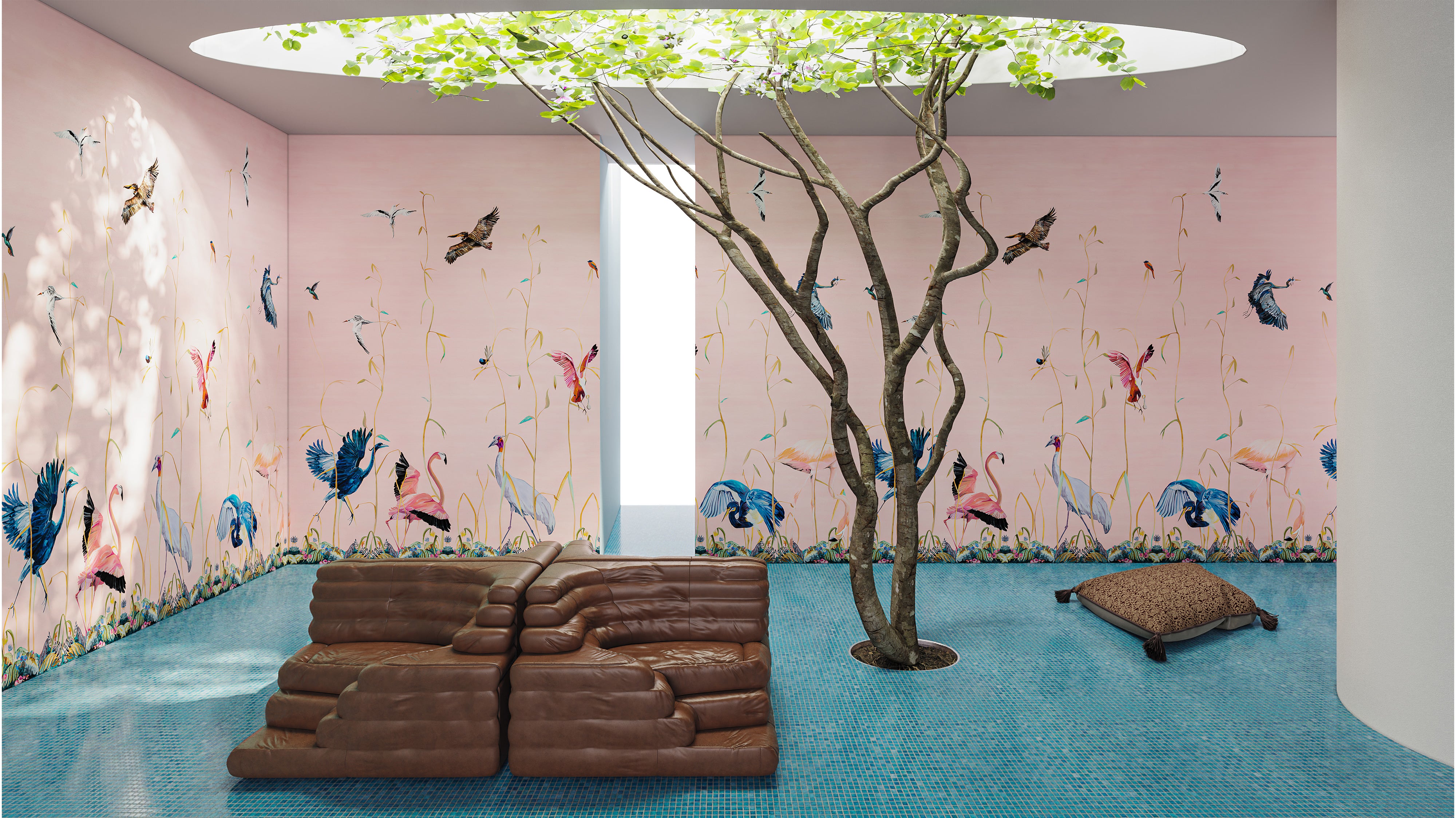 Birds Pink Scenic Wallpaper