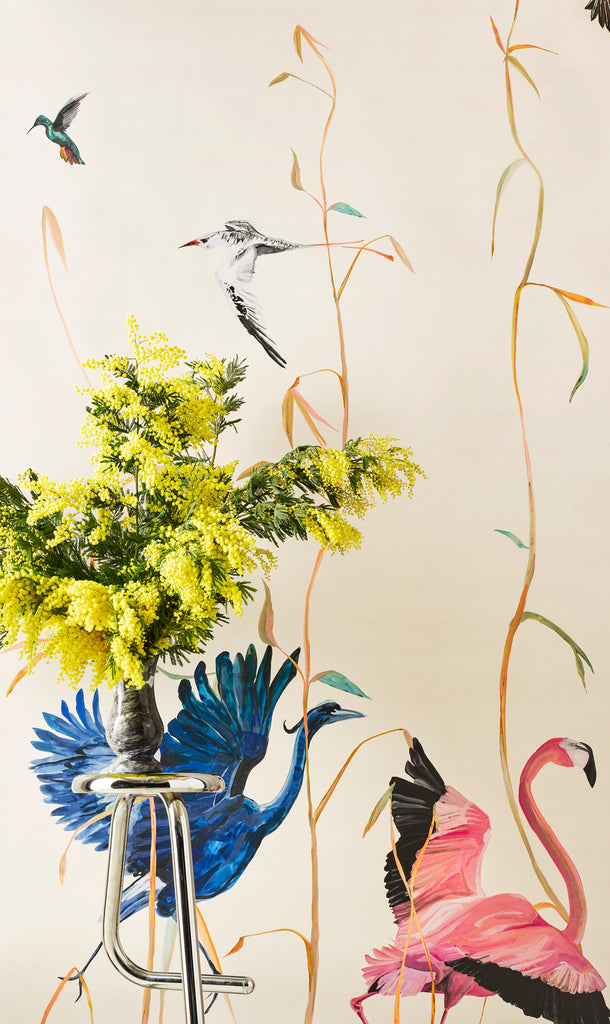 Birds Beige Scenic Wallpaper