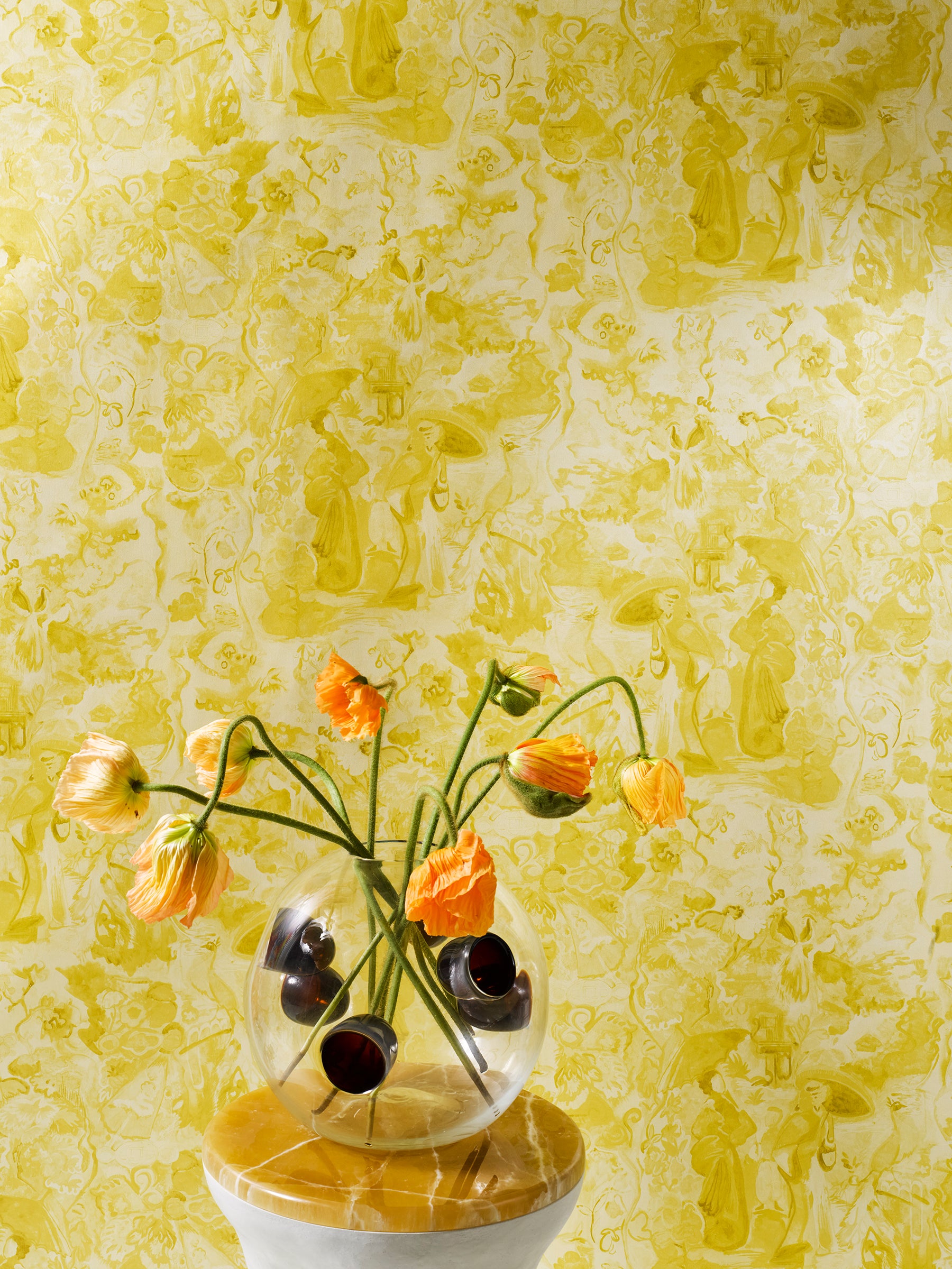 Monochrome Yellow on Metallic White Wallpaper